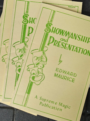 Booklet titled 'Showmanship and Presentation' by Edward Maurice on a dark surface