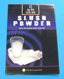 Booklet titled '25 Tips and Tricks with Slush Powder' by Trickmaster on a blue background