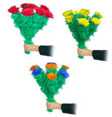 Three colorful bouquet props held by hands on a white background