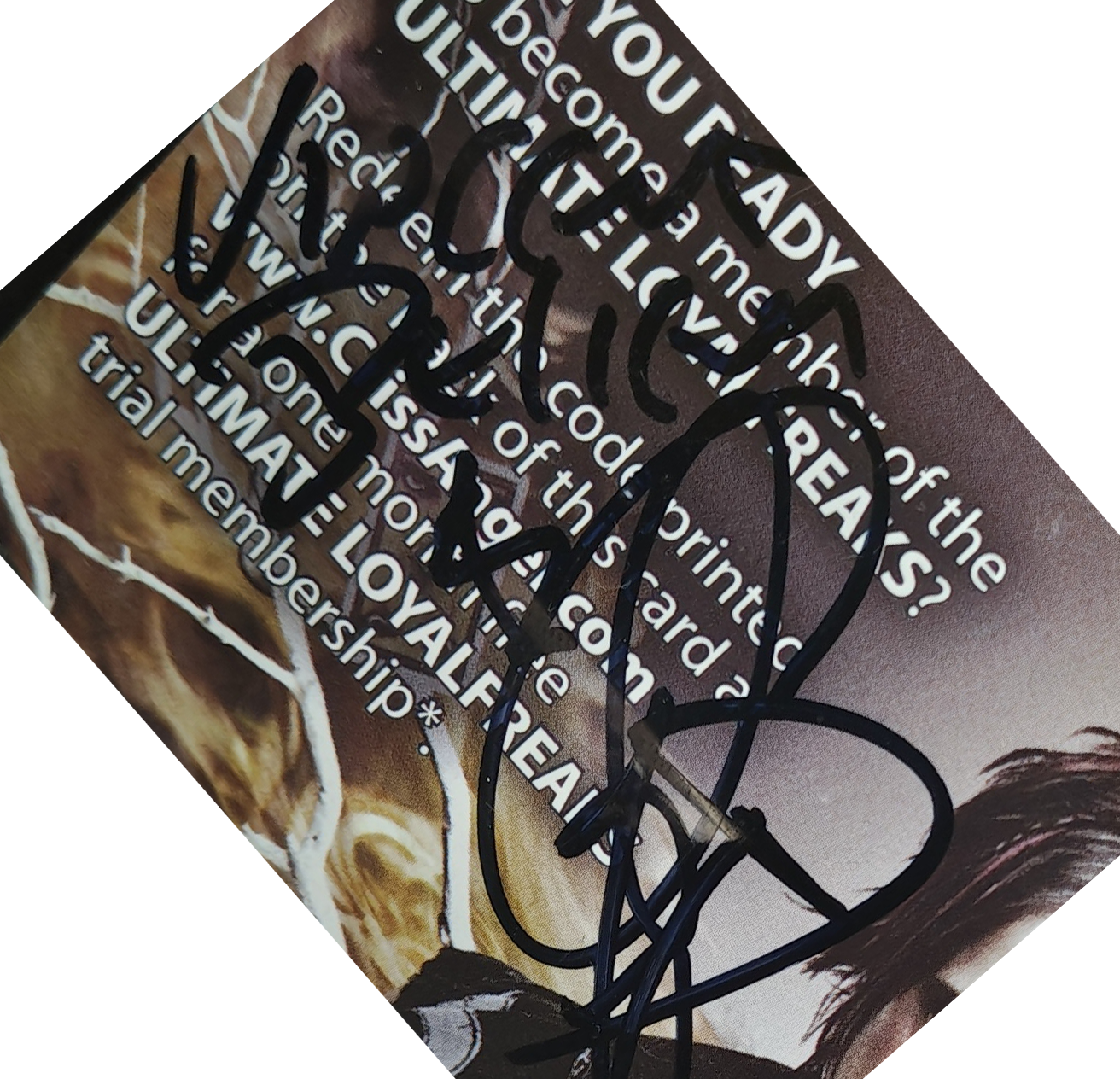 Close-up of a loyalty card with text and branding elements.