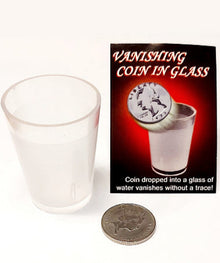 Vanishing Coin in Glass magic trick set with glass, coin, and promotional card on a white background