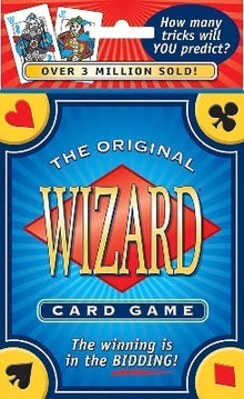 Packaging of 'The Original Wizard Card Game' with card illustrations and promotional text.