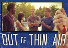 Promotional graphic for 'Out of Thin Air' with people by a pool and a hand holding a red object.