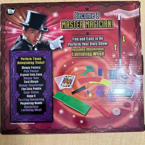 Magician toy set packaging with colorful props and text on a red background