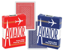 Two packs of Aviator poker size playing cards, one red and one blue, on a white background.