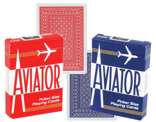 Two packs of Aviator poker size playing cards, one red and one blue, on a white background.