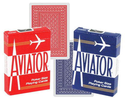Two packs of Aviator poker size playing cards, one red and one blue, on a white background.
