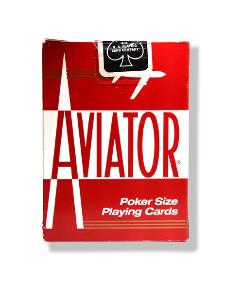 Red and white box of Aviator poker size playing cards on a white background