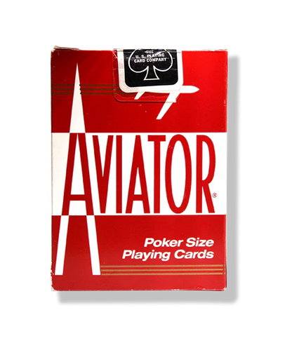 Red and white box of Aviator poker size playing cards on a white background