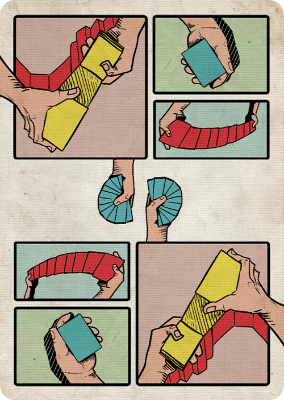 Illustrations of hands playing with colorful paper strips on a beige background