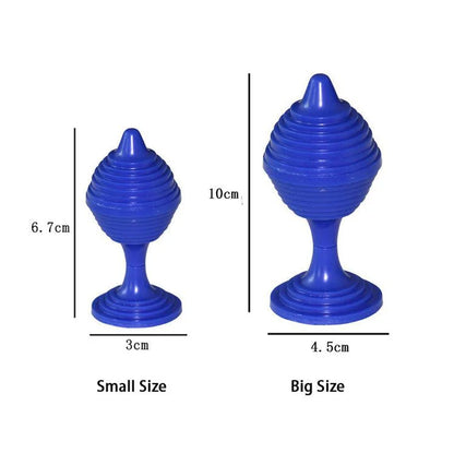 Two blue plastic objects with measurements indicating size differences on a white background