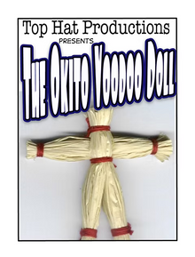 Top Hat Productions advertisement for 'The Okito VooDoo Doll' with a straw doll on a white background.