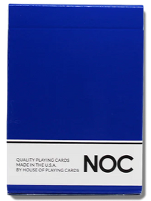 Blue playing card box with 'NOC' branding on a white background