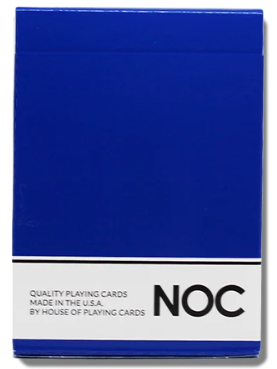 Blue playing card box with 'NOC' branding on a white background