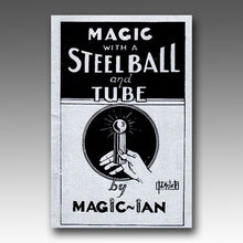 Vintage-style advertisement for 'Magic with a Steel Ball and Tube' by a magician on a gray background.