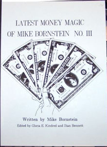 Book cover of 'Latest Money Magic of Mike Bornstein No III' with money-like designs and text.