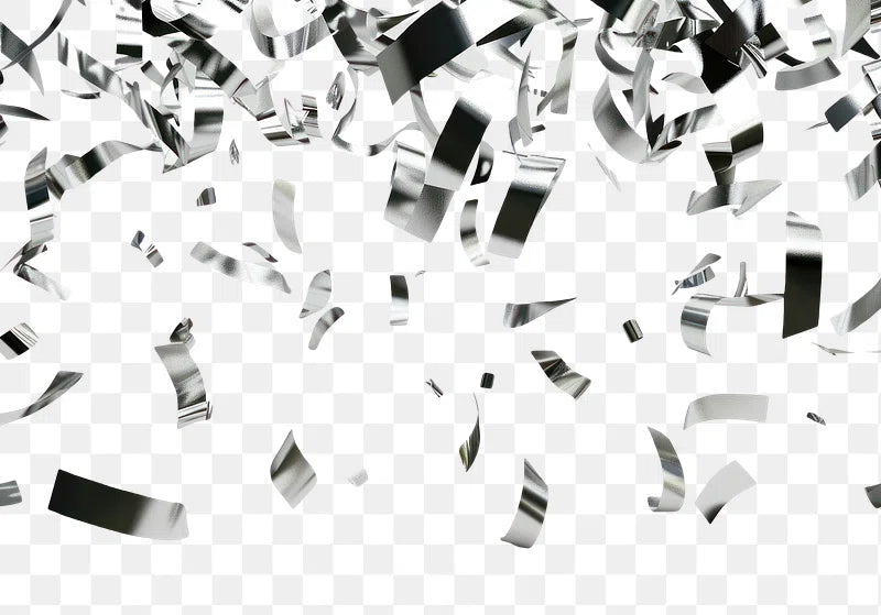 Silver confetti ribbons on a transparent background