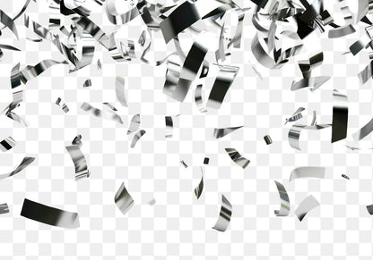 Silver confetti ribbons on a transparent background