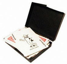Black playing card case with a deck of cards on a white background