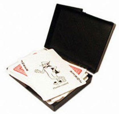 Black playing card case with a deck of cards on a white background