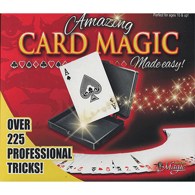 Card magic kit packaging with playing cards and text on a red and yellow background