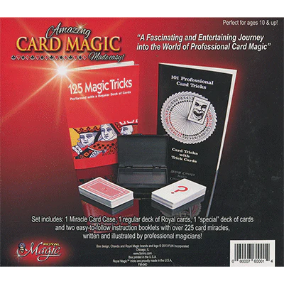 Card magic set packaging with cards, case, and instruction booklets on a red and black background.