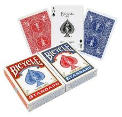 Four Bicycle playing card decks in red, blue, and white.
