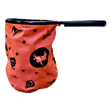 Orange bag with black Halloween-themed designs on a white background