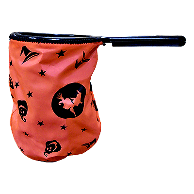 Orange bag with black Halloween-themed designs on a white background