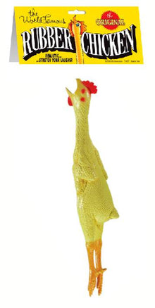 Rubber chicken toy with packaging on a white background