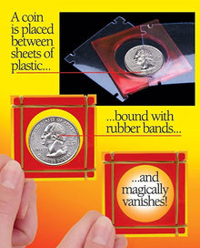 Coin trick with plastic sheets and rubber bands on a yellow and orange background