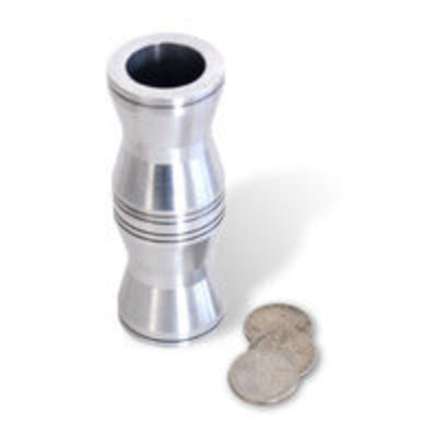 Metallic pepper grinder with a small round object on a white background