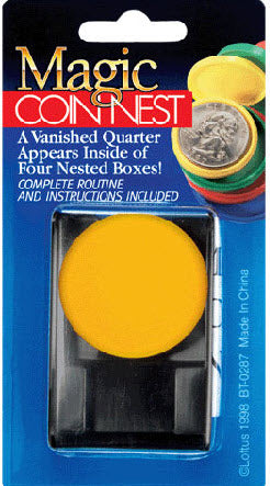 Magic Coin Nest product packaging with yellow coin and nested boxes on a blue background