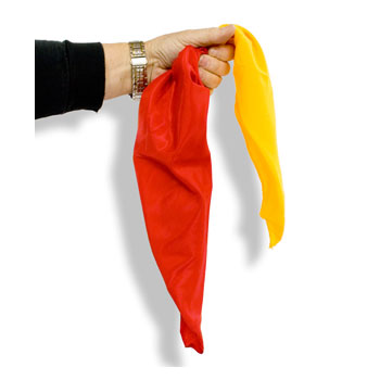 Hand holding a red and yellow balloon against a white background