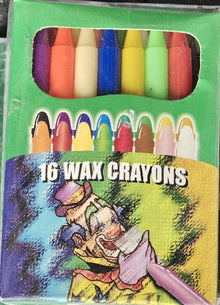 Box of 16 wax crayons with a colorful design and character illustration on the front.