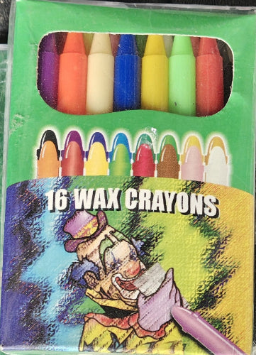 Box of 16 wax crayons with a colorful design and character illustration on the front.