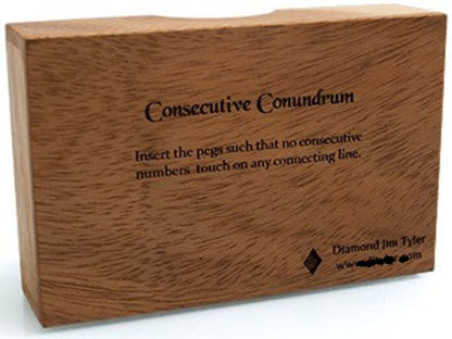 Wooden puzzle box labeled 'Consecutive Conundrum' with text on a white background