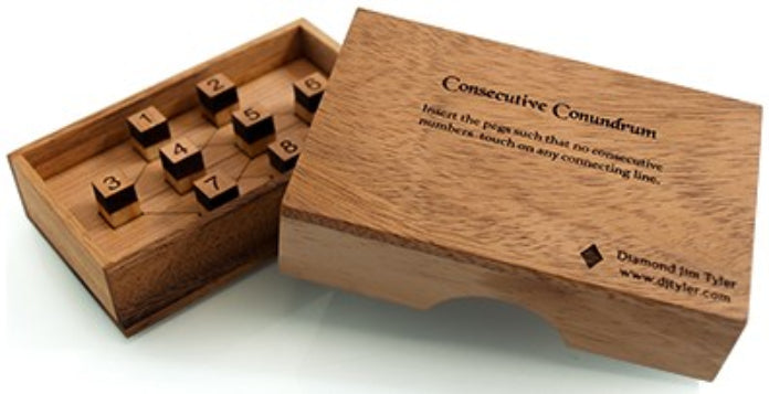 Wooden puzzle with numbered pieces in a box on a white background