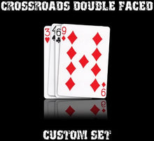 Playing cards with numbers 3, 4, 6, 9, and 6 on a black background with text 'Crossroads Double Faced Custom Set'.