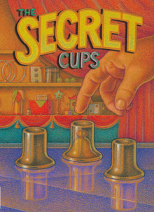 Illustration of a hand reaching towards three cups on a table with a colorful background.