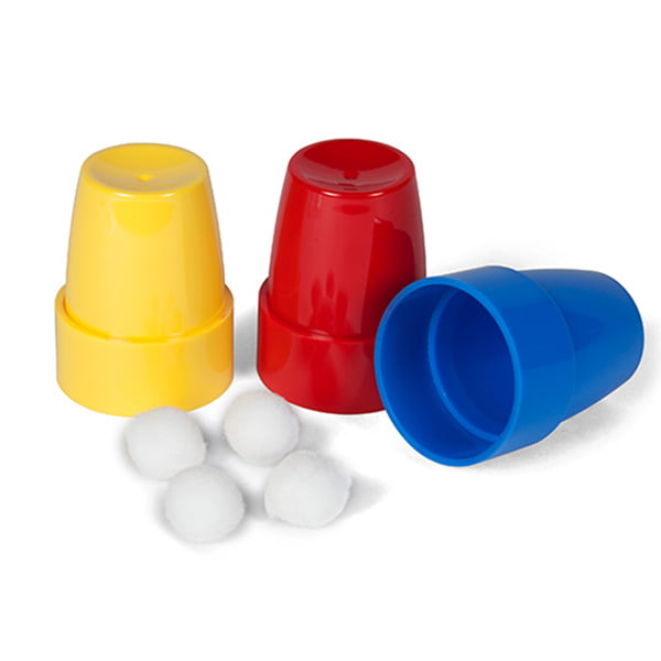 Three colorful plastic cups (yellow, red, blue) with three white balls on a white background