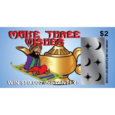  lottery ticket with genie and lamp design, featuring text 'Make Three Wishes' and a $2 price tag.