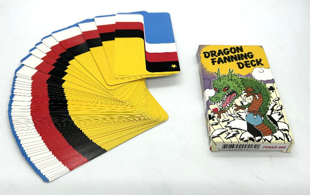 Colorful deck of cards fanned out next to its packaging featuring a dragon illustration on a white background.