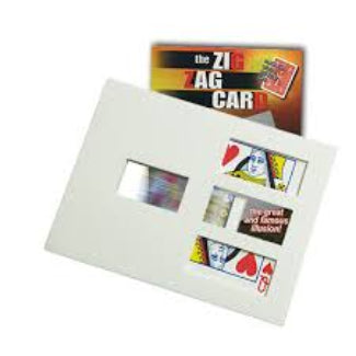 Cardboard display case with playing cards and a box labeled 'Zig Zag' on a white background