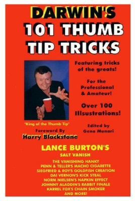 Book cover of 'Darwin's 101 Thumb Tip Tricks' with a person holding a red cup on an orange background.