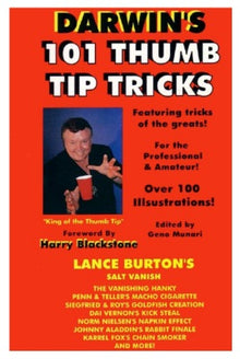 Book cover of 'Darwin's 101 Thumb Tip Tricks' with a person holding a red cup on an orange background.