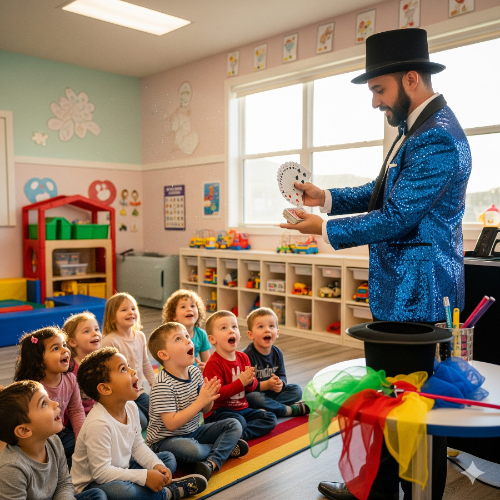 Magician performing tricks with children in a classroom setting