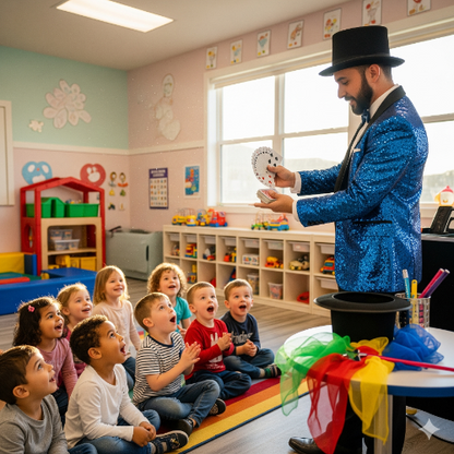 Magician performing tricks with children in a classroom setting