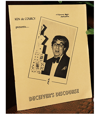 Vintage magic trick book cover featuring a portrait of a magician and title 'Deceiver's Discourse' on a beige background.