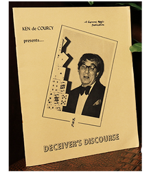 Vintage magic trick book cover featuring a portrait of a magician and title 'Deceiver's Discourse' on a beige background.